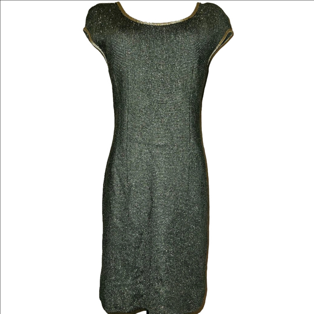 Vintage Albert Nipon Green Gold Trim Sleeveless Mini Party Dress-Size 8